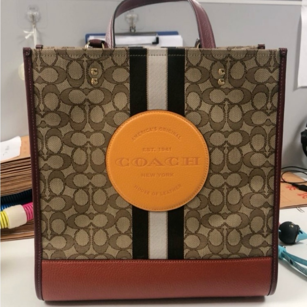 Coach Dempsey Tote In Signature Jacquard With Stripe And Coach Patch